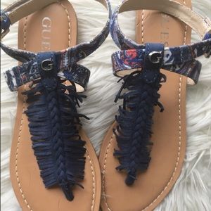 Blue Braided Paisley T Strap Sandals;S 7 1/2;Guess